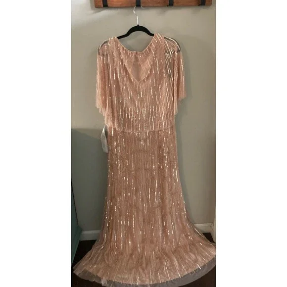 Mac Duggal Blush Pink Embellished Cap Sleeve Faux Wrap Trumpet Gown Dress 14 - Picture 10 of 13